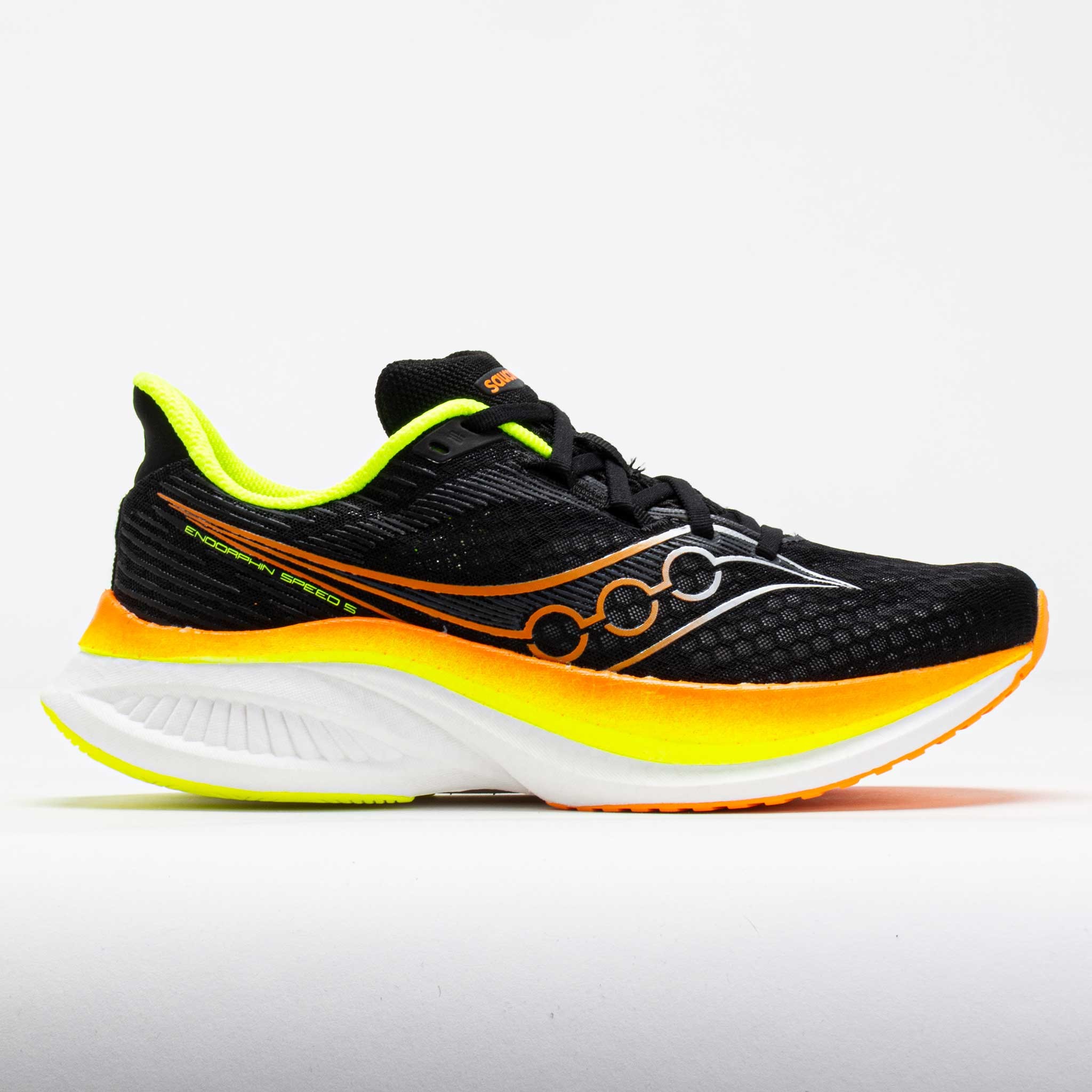 Black running shoe with a breathable mesh upper, featuring bright orange and neon yellow accents, a cushioned sole, and a sleek design for speed.