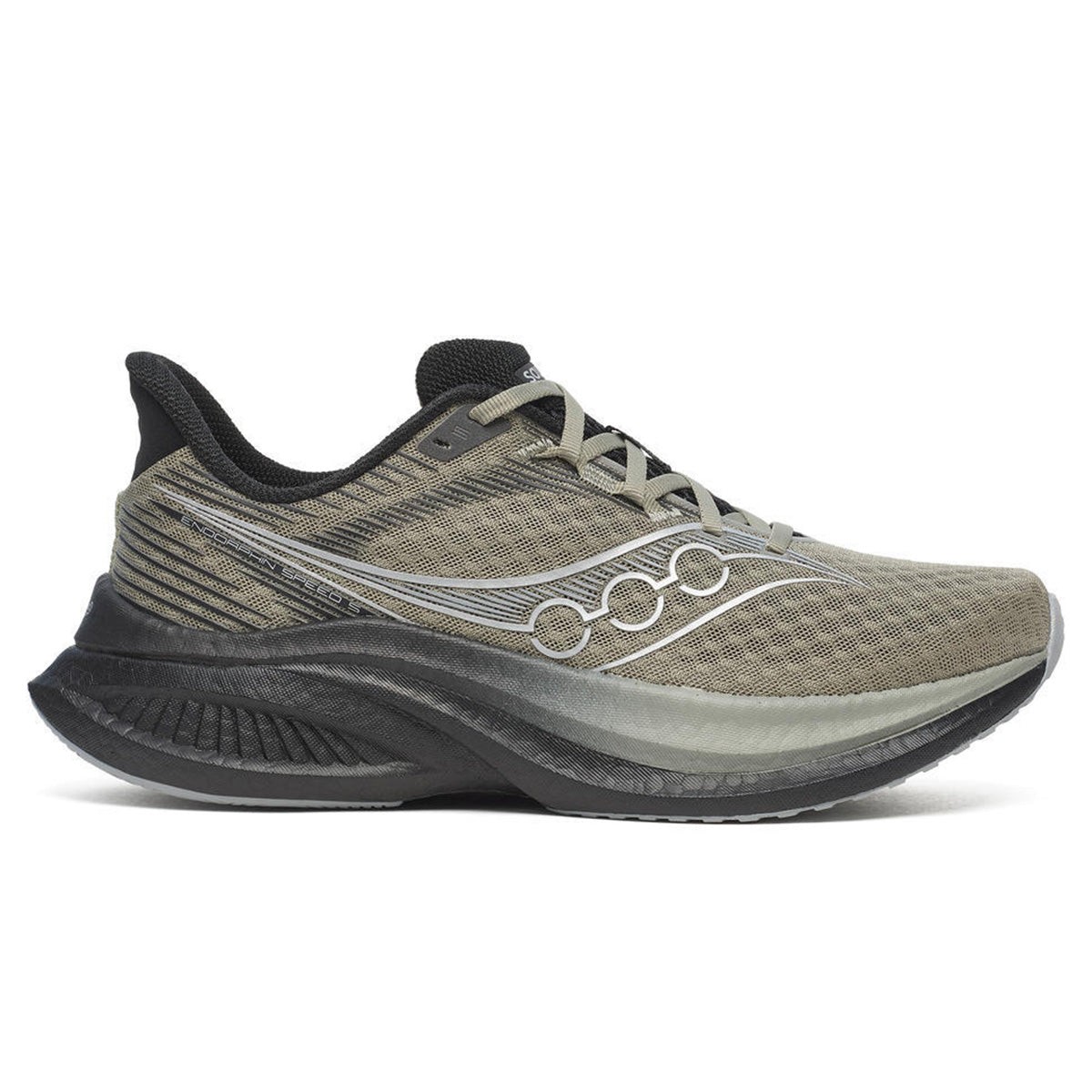Light gray and black running shoes with a mesh upper, featuring a sleek design, reflective detailing, and a cushioned sole for enhanced comfort and performance.