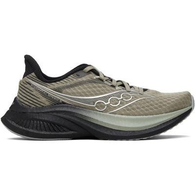 Saucony Endorphin Speed 5 running shoes feature a lightweight grey mesh upper, black accents, and a cushioned black and green sole for enhanced performance.