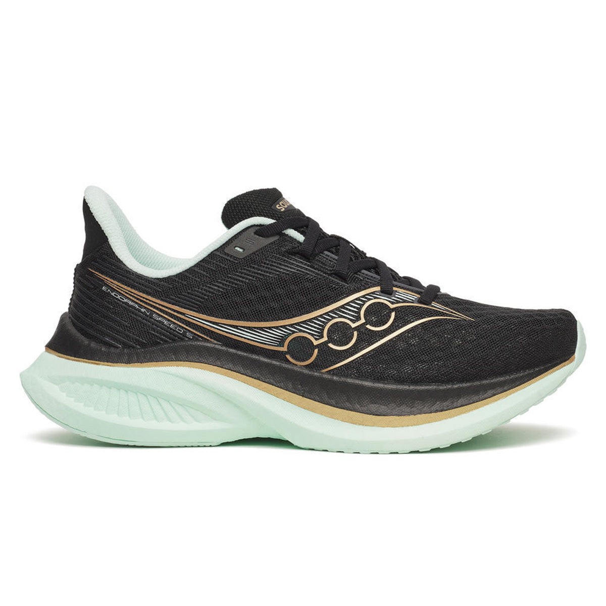 Black running shoe with a textured upper, featuring gold accents and a mint green sole, designed for women in size 9.5, by Saucony.