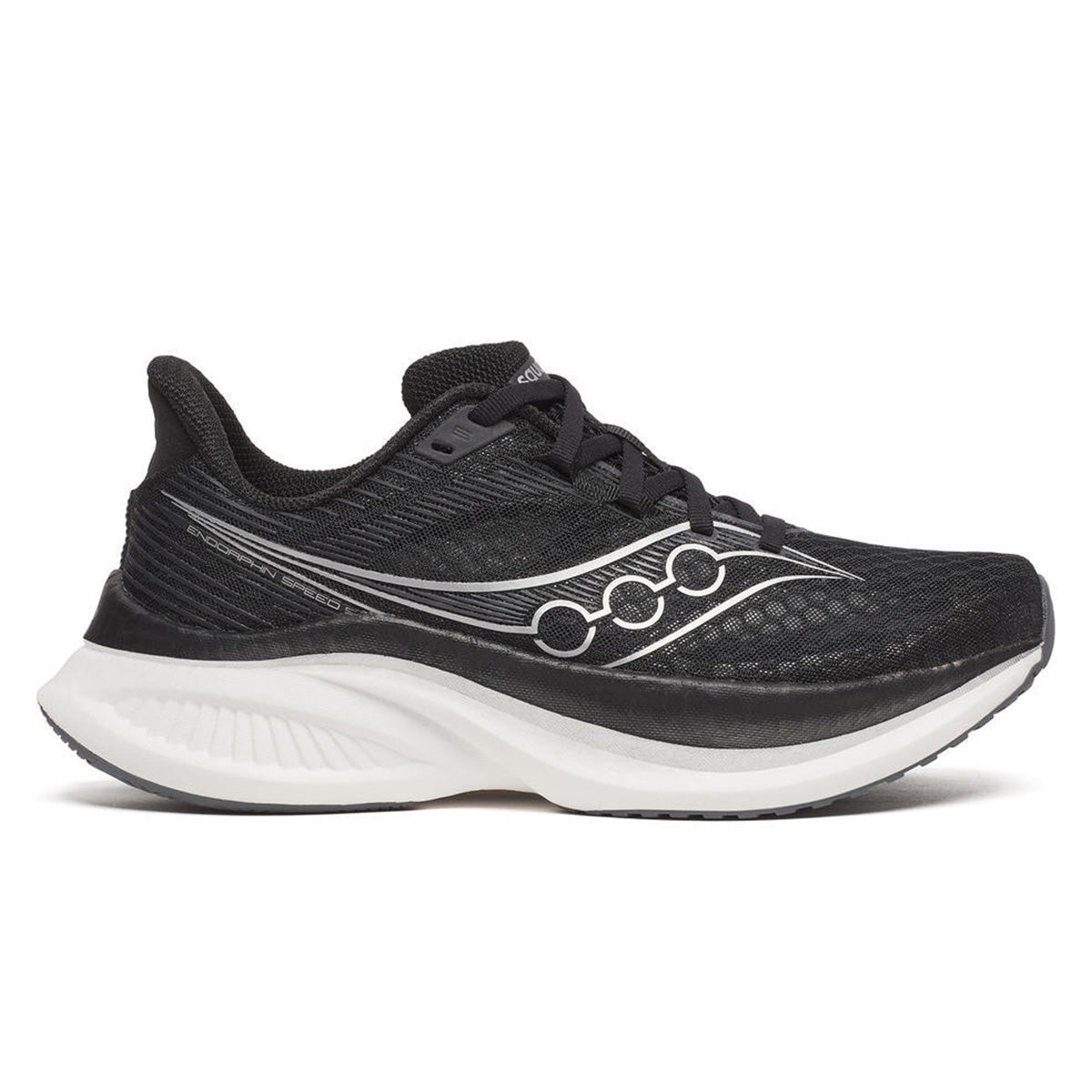Women's Saucony Endorphin Speed 5 running shoes in black and white, featuring a breathable mesh upper, cushioned sole, and sleek design with reflective detailing.