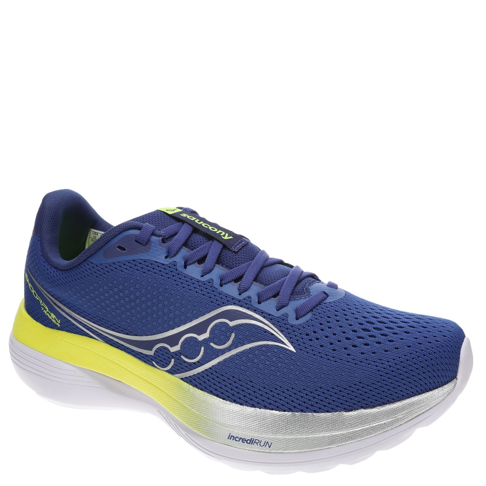 Men's Saucony Endorphin Trainer in white, featuring a breathable mesh upper, silver detailing, and a cushioned sole for enhanced comfort during running.