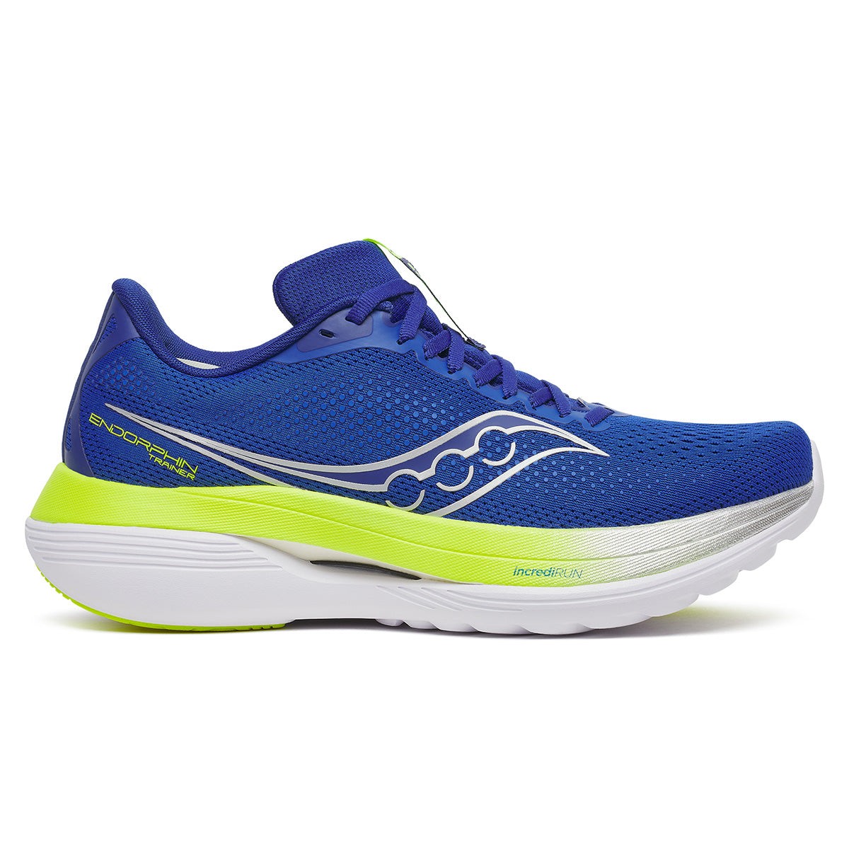 Men's Saucony Endorphin Trainer in Lapis and Citron features a vibrant blue mesh upper with reflective silver detailing and a bright yellow outsole for enhanced visibility and comfort.