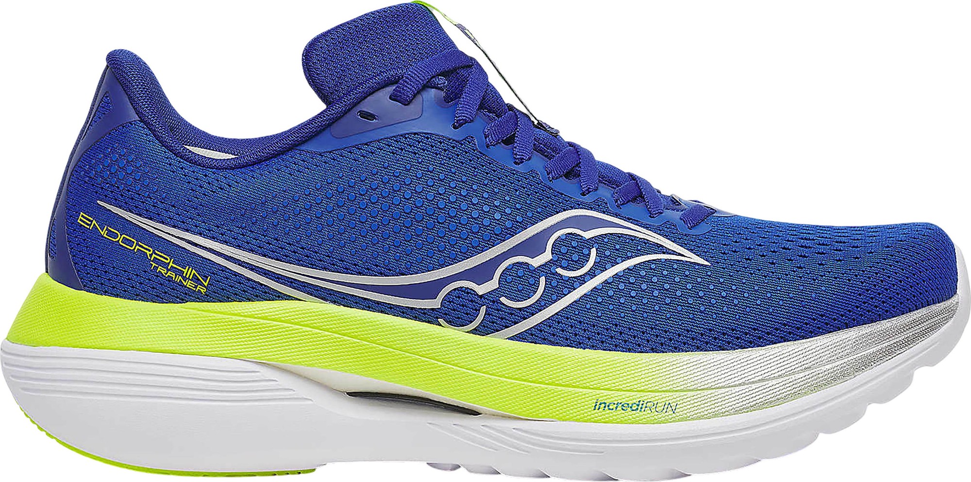 Men's Saucony Endorphin Trainer in white, featuring a breathable mesh upper, cushioned sole, and vibrant accents in yellow and blue, size 8.5 M.