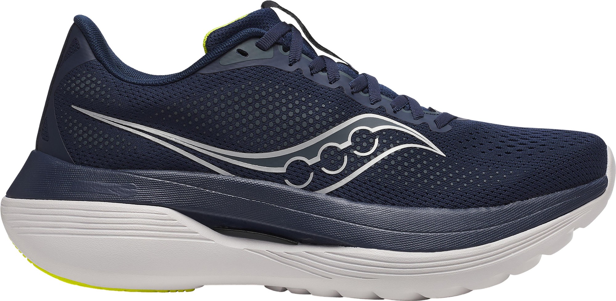 Navy and primrose Saucony Endorphin Trainer for men, featuring a breathable mesh upper, cushioned sole, and reflective detailing, size 7.5.