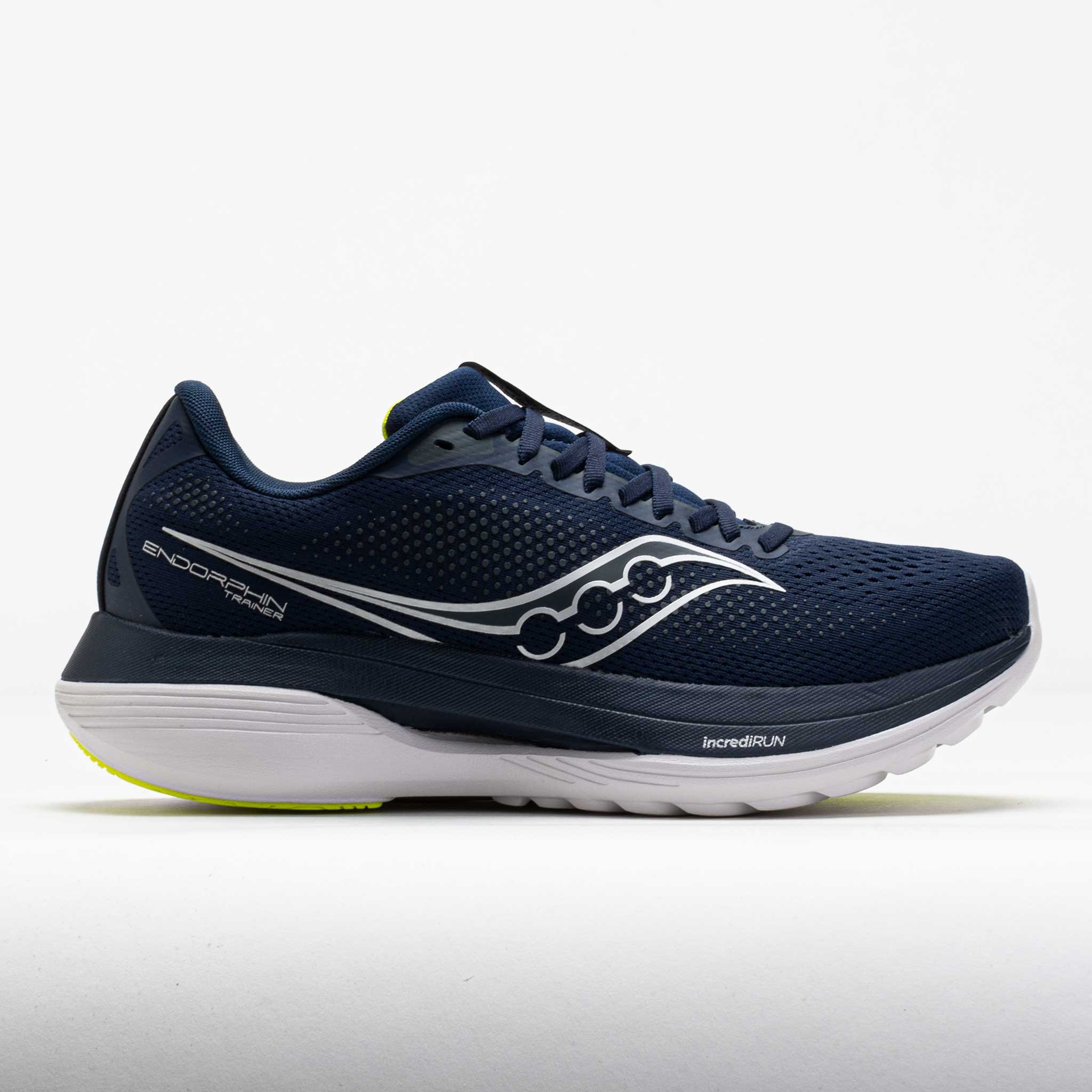 Navy blue running shoe with a breathable mesh upper, white Saucony logo, and a cushioned sole featuring a pop of primrose yellow on the outsole, size 9.