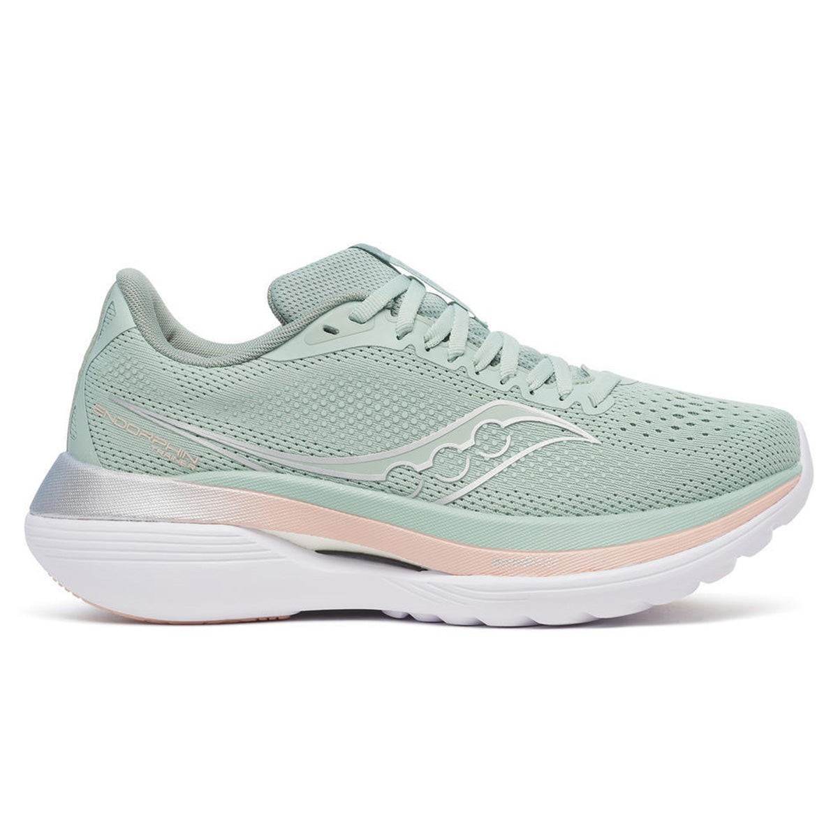 Light green mesh upper women's running shoes with silver accents, a cushioned white sole, and a pink stripe along the midsole, designed for comfort and performance.