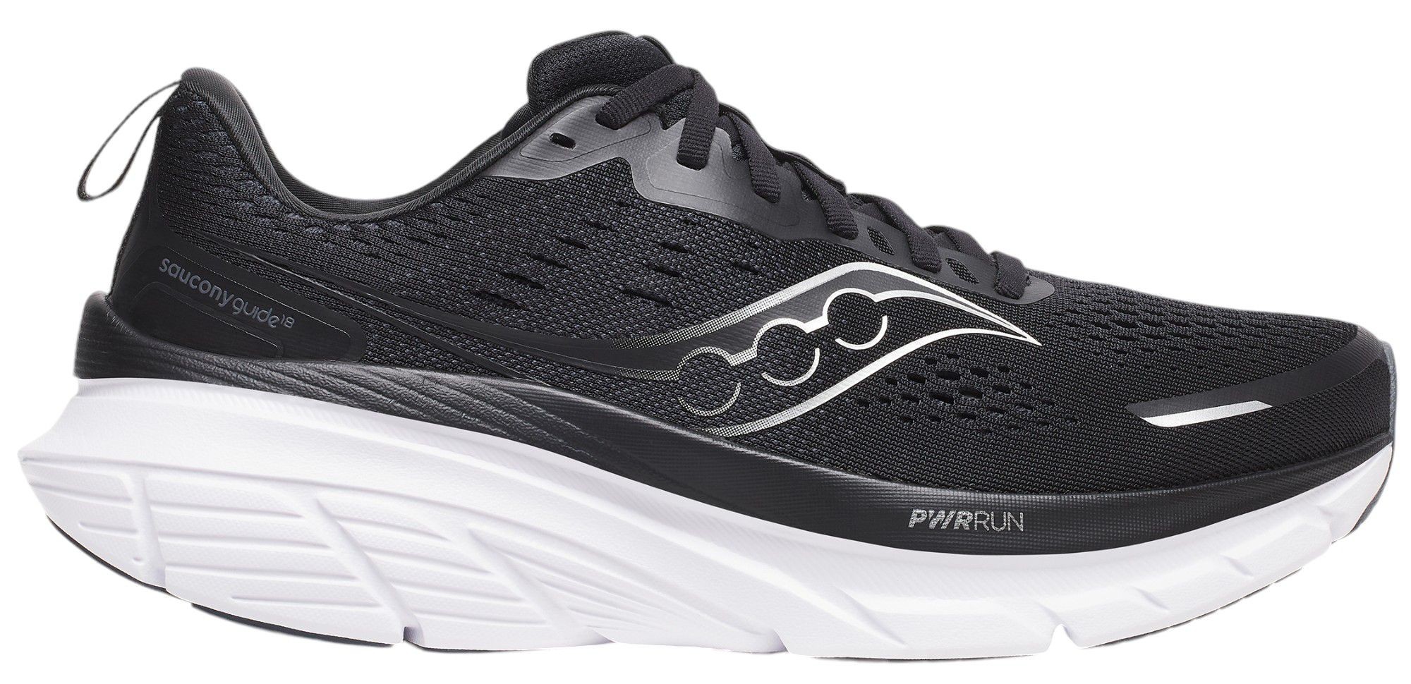 Men's Saucony Guide 18 running shoes in black, featuring a breathable mesh upper, cushioned sole, and distinctive white Saucony logo on the side. Size 11.5 M.
