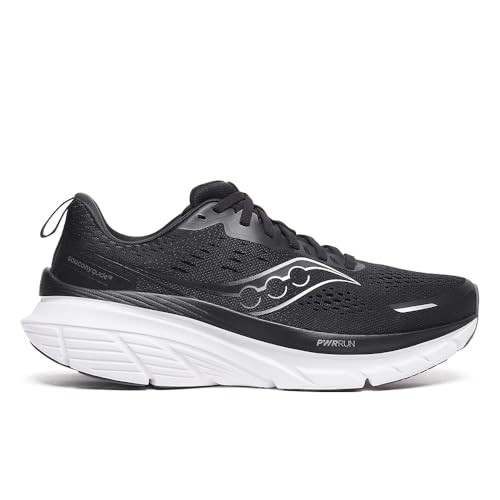 Men's Saucony Guide 18 running shoes in black, featuring a breathable mesh upper, cushioned sole, and reflective detailing for visibility.