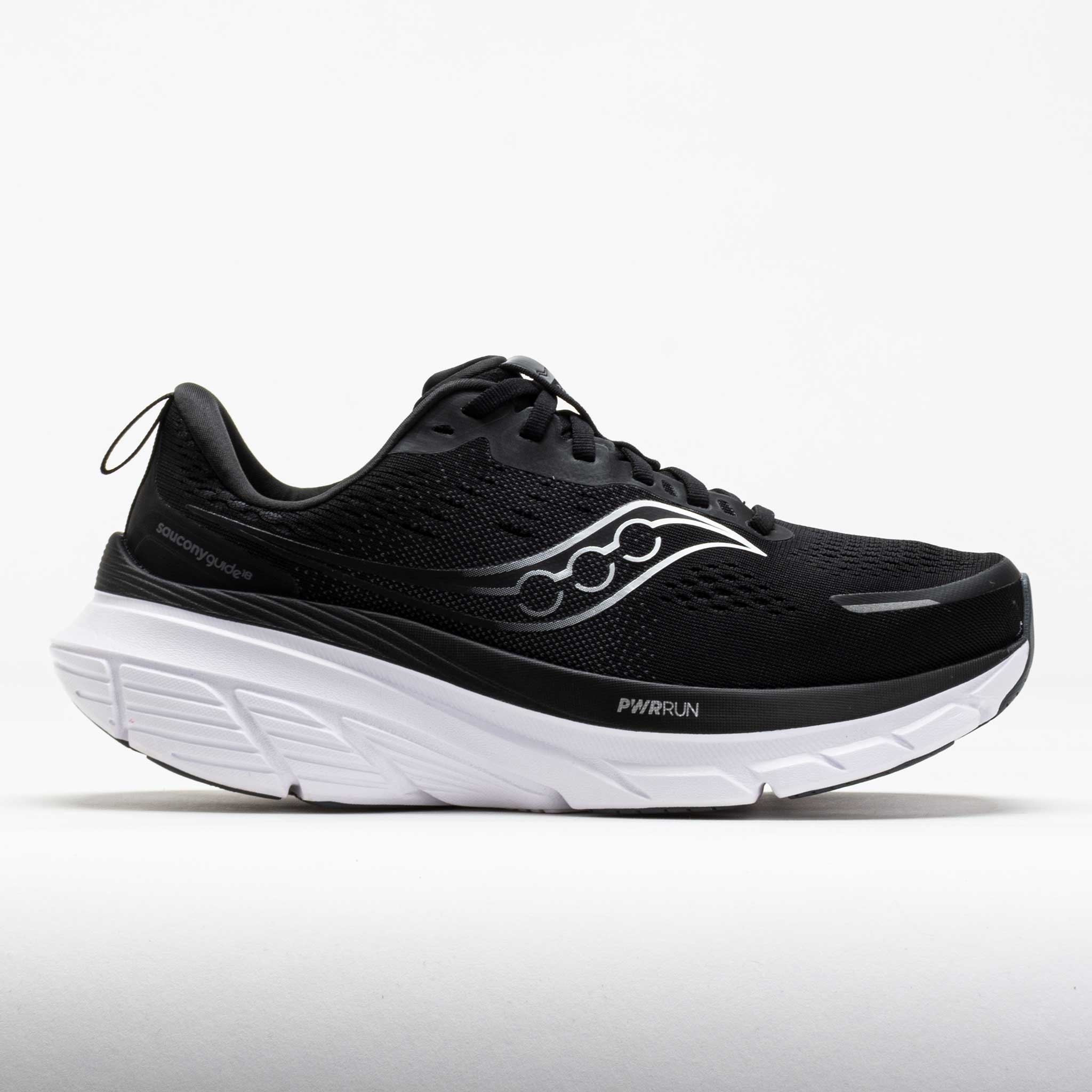 Men's Saucony Guide 18 running shoes in black with white accents, featuring a breathable mesh upper, cushioned sole, and a sleek design ideal for comfort and performance.