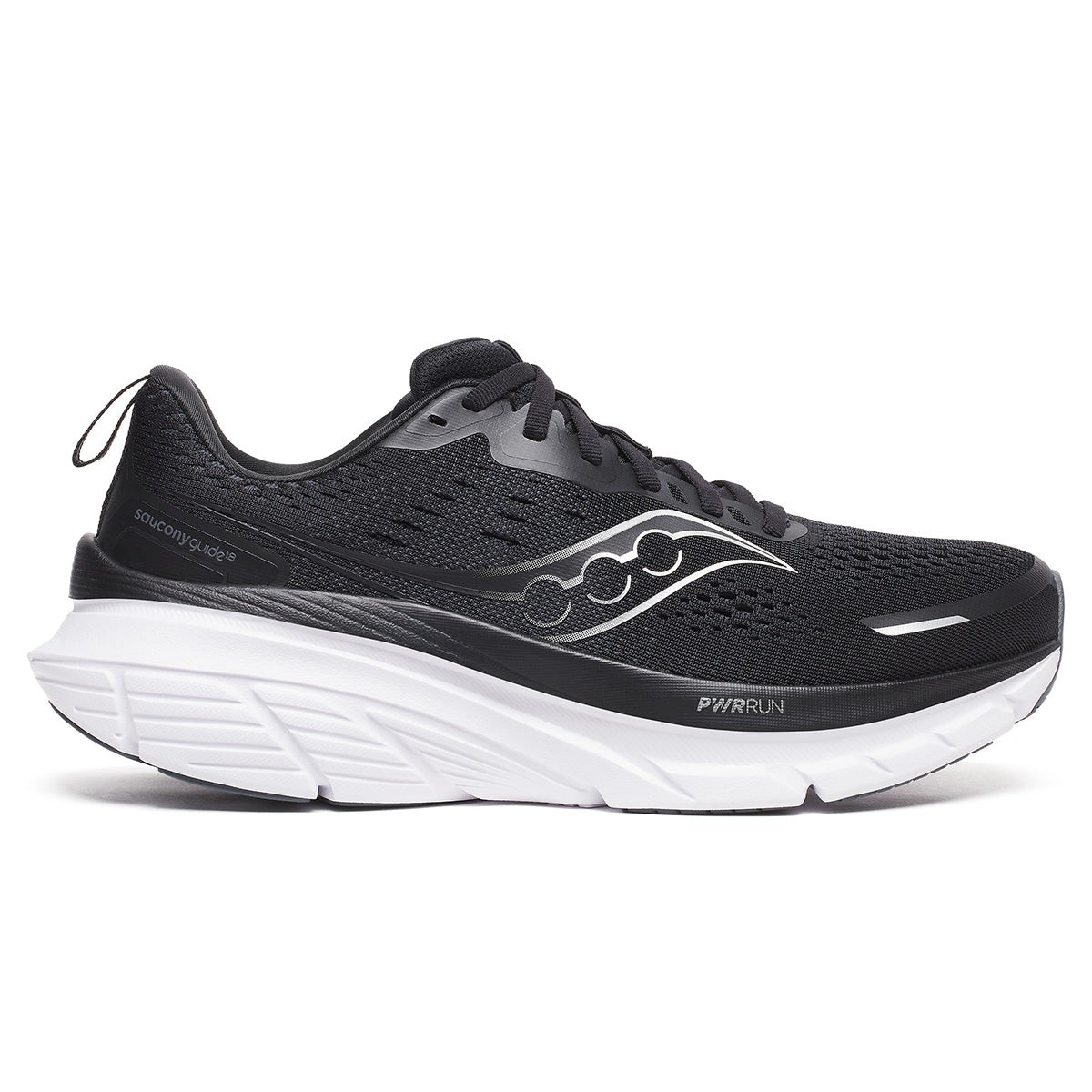 Black Saucony Guide 18 running shoes for men, featuring a breathable mesh upper, white midsole, and a wide fit in size 15.