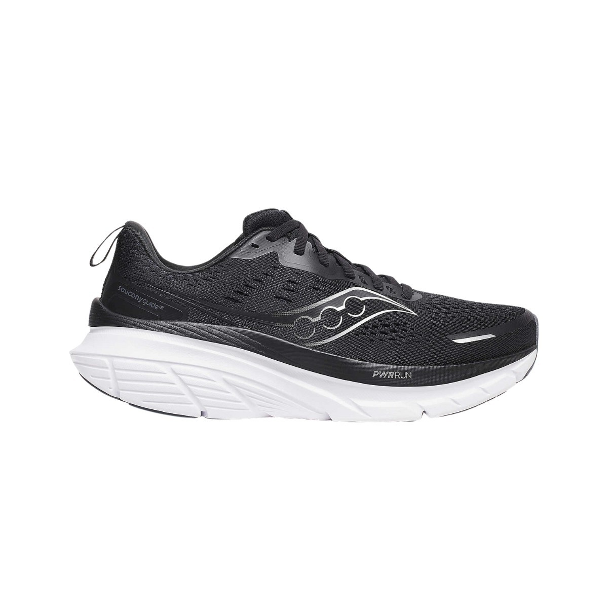 Black and white Saucony Guide 18 men's running shoes in size 8.5 EE, featuring a breathable mesh upper, rubber sole, and PWRRUN cushioning for enhanced comfort.