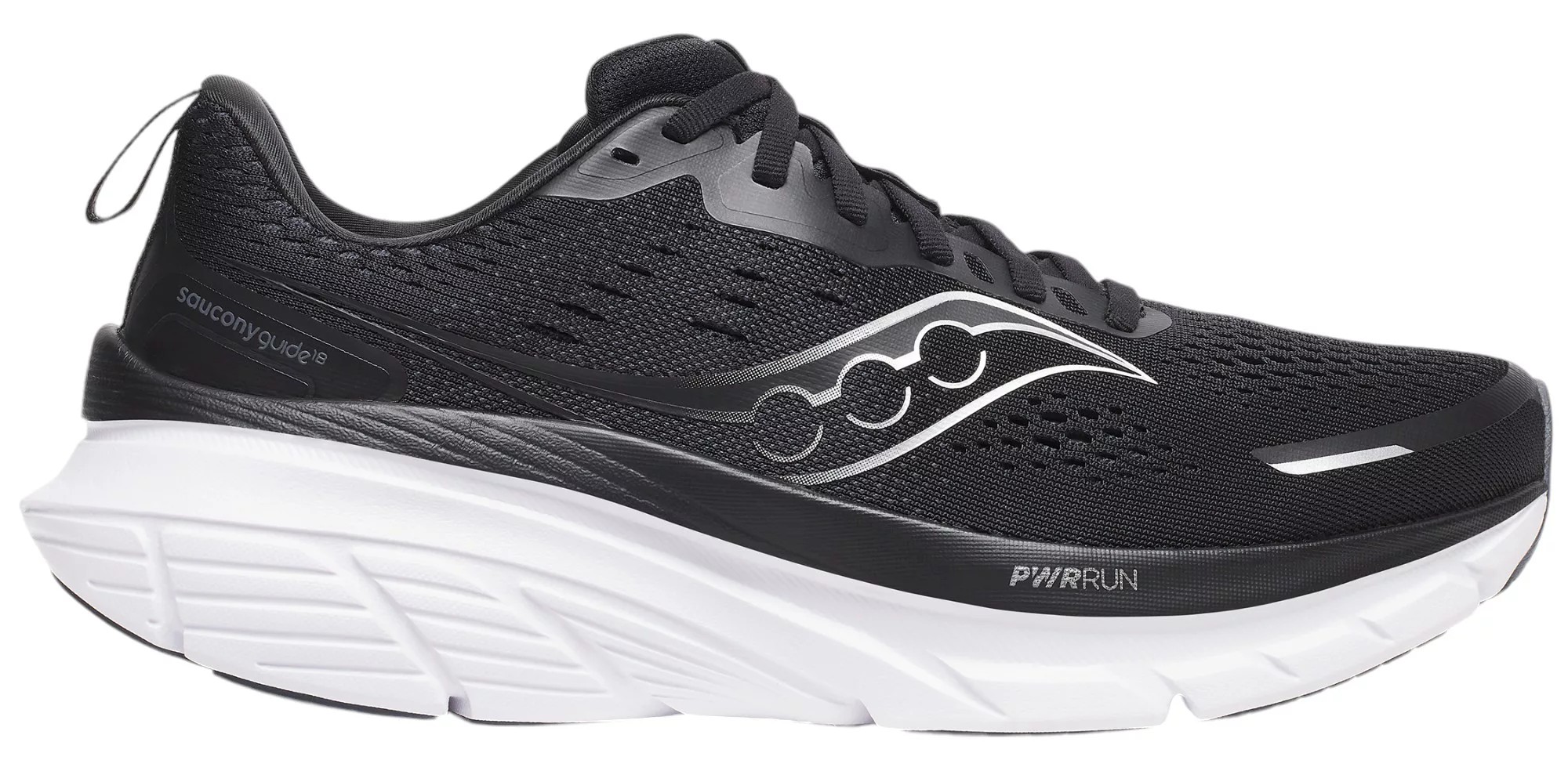 Men's Saucony Guide 18 running shoes in black, featuring a breathable mesh upper, cushioned white midsole, and distinctive Saucony logo on the side.