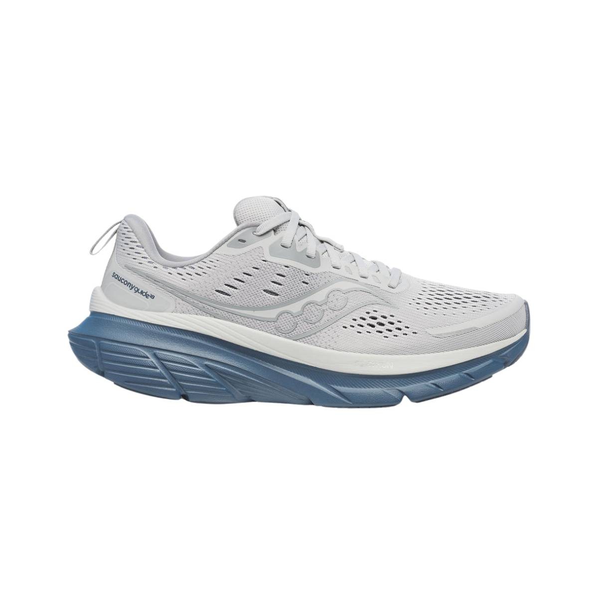 White running shoes with a breathable mesh upper, featuring light blue accents and a cushioned sole for enhanced comfort and support.