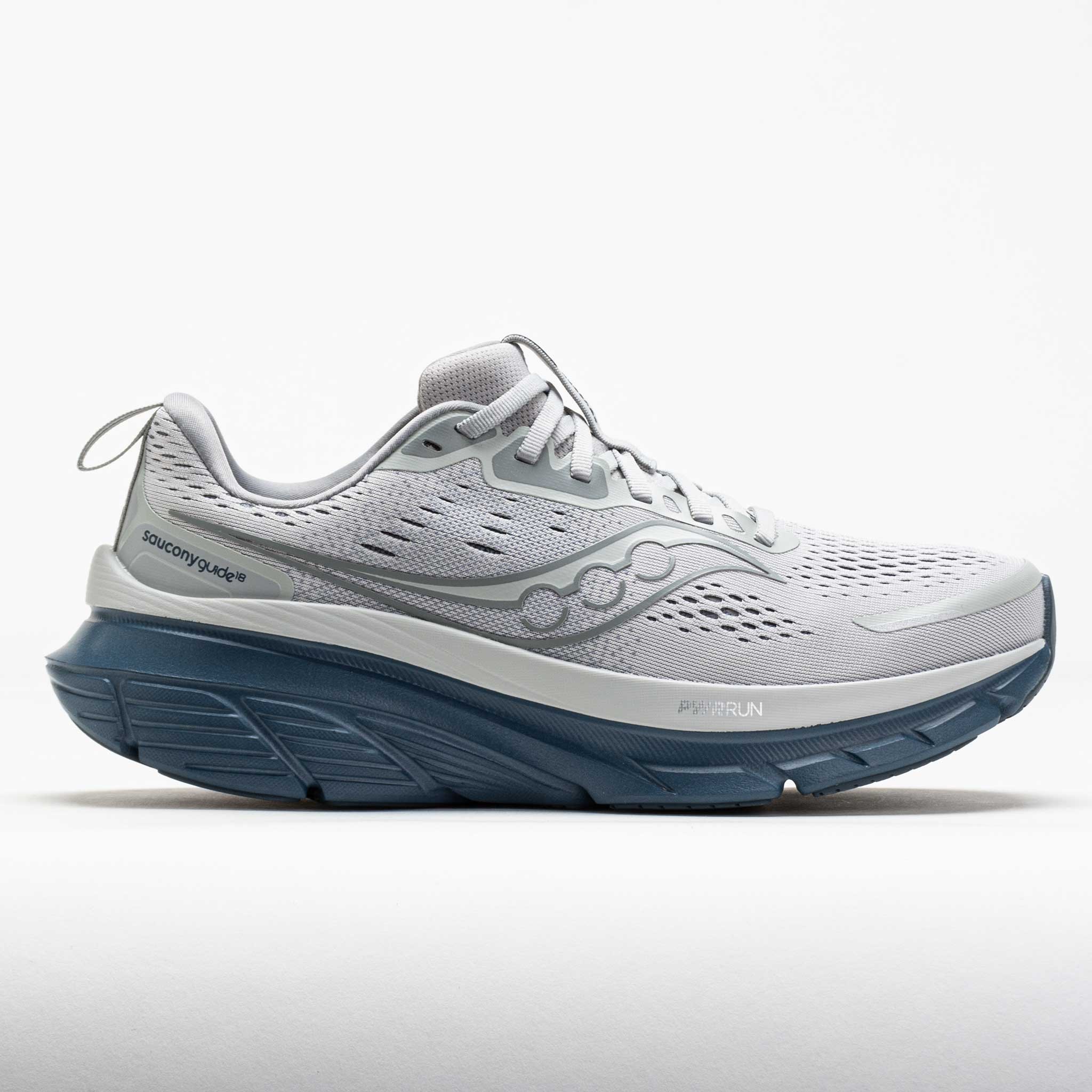 Light grey running shoes with a breathable mesh upper, featuring a cushioned blue sole and reflective detailing for enhanced visibility.