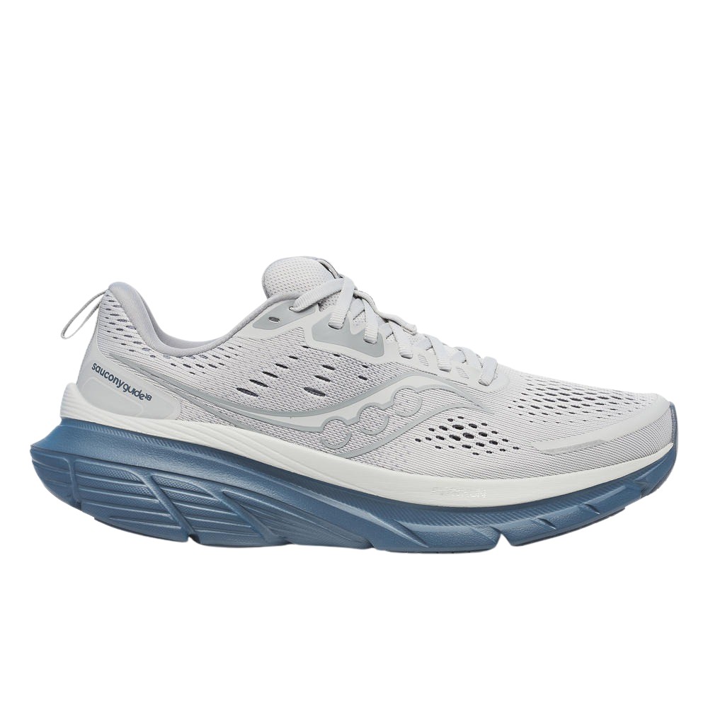 Light gray running shoes with a breathable mesh upper, featuring a cushioned blue sole and reflective details, designed for comfort and support during runs.