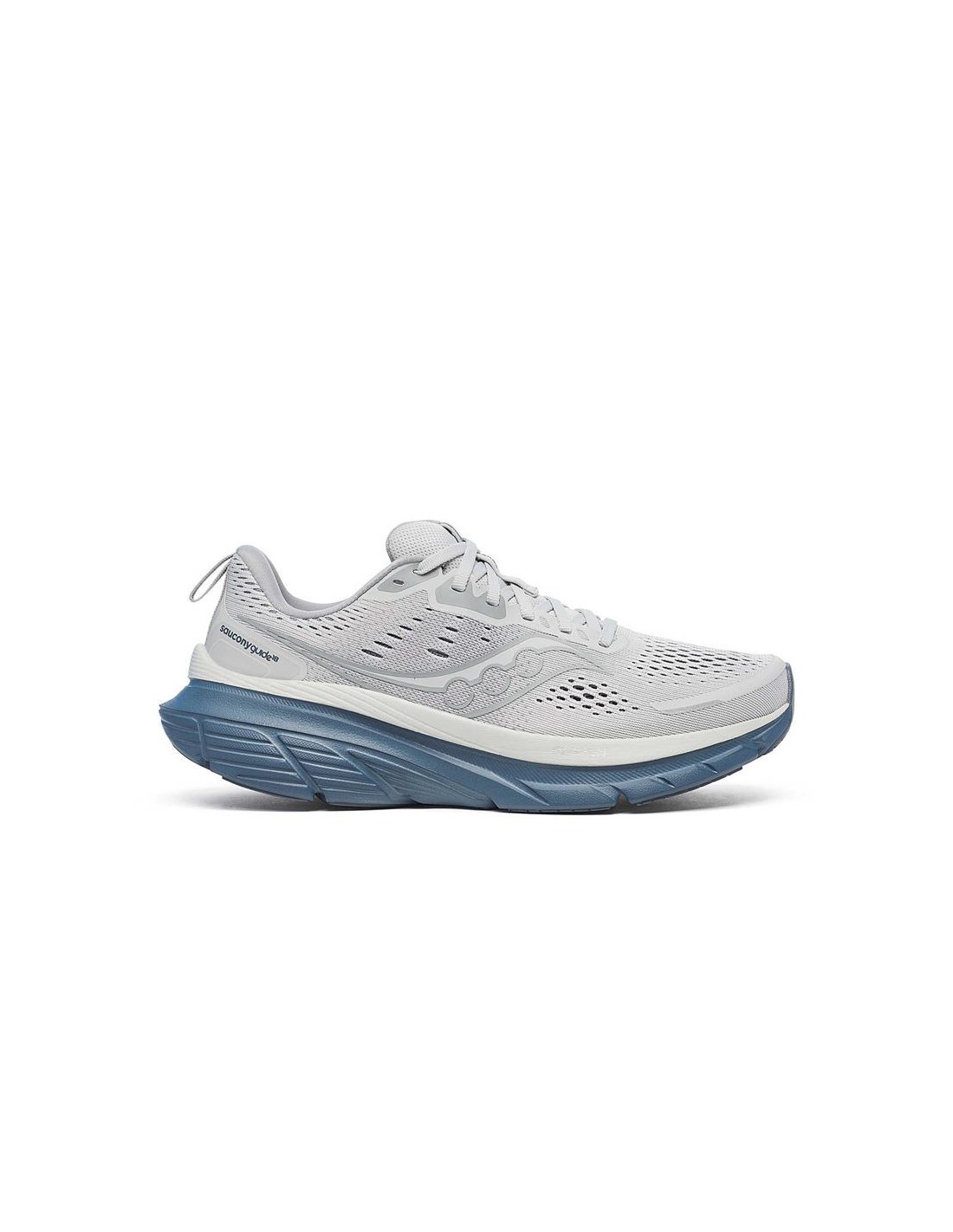 Light gray running shoes with a breathable mesh upper, featuring a cushioned sole in blue, and a sleek design ideal for comfort and support during runs.