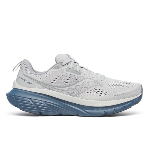 Men's Saucony Guide 18 running shoes in fossil gray and dusk blue, featuring a breathable mesh upper, cushioned sole, and reflective detailing for visibility.