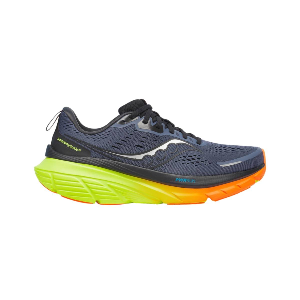 Saucony Guide 18 running shoes feature a dark blue mesh upper, reflective silver accents, and a vibrant yellow and orange sole for enhanced cushioning and stability.