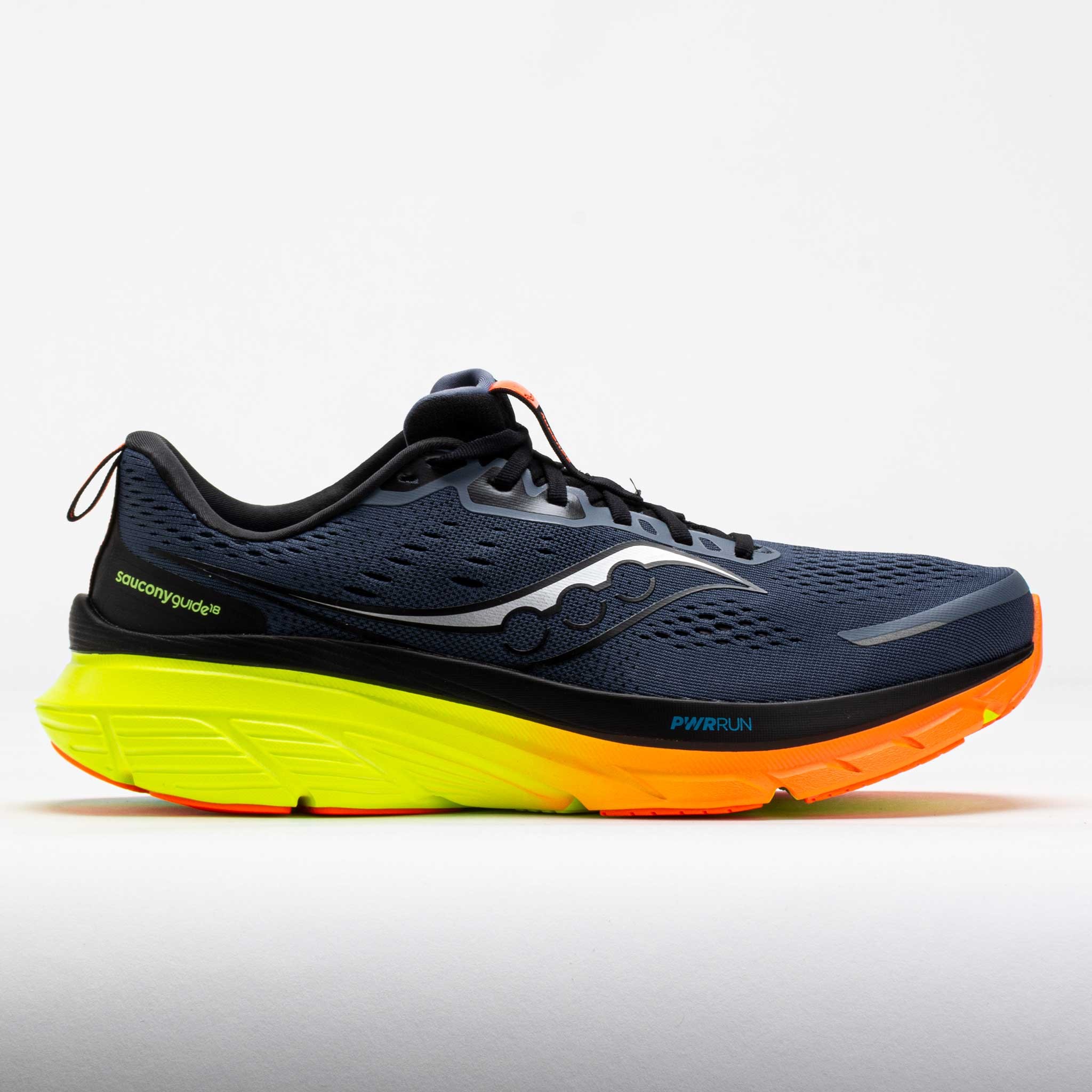 Men's Saucony Guide 18 running shoe in blue and black with vibrant yellow and orange sole, featuring a breathable mesh upper and reflective detailing.