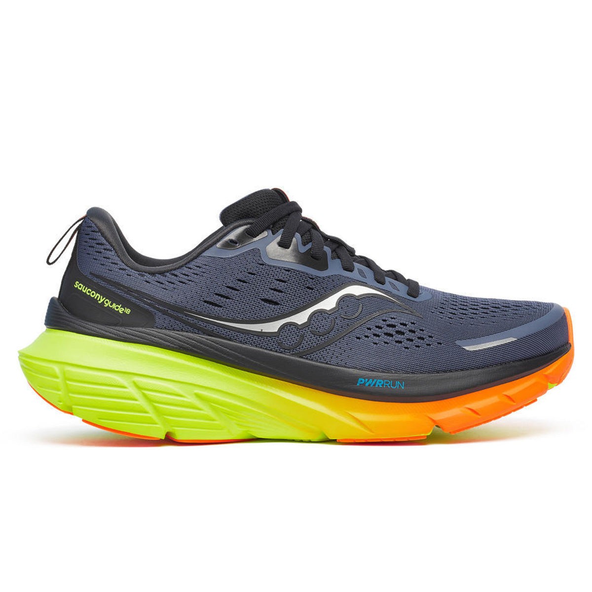 Men's Saucony Guide 18 running shoes in shadow blue with vibrant green and orange sole, featuring a breathable mesh upper and cushioned midsole for comfort.