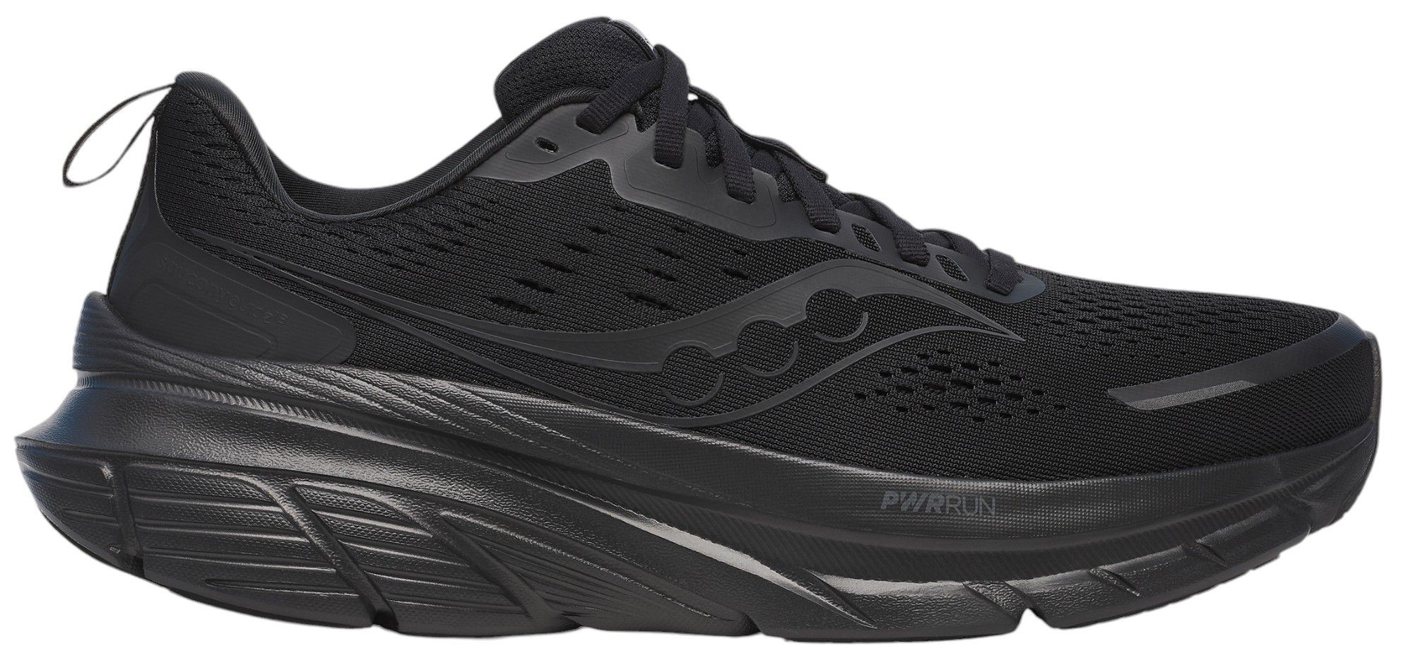 Men's Saucony Guide 18 running shoe in black, featuring a breathable mesh upper, cushioned sole, and sleek design with reflective detailing. Size 11.5 M.