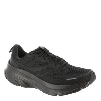 Men's Saucony Guide 18 running shoes in black, featuring a breathable mesh upper, cushioned sole, and reflective detailing for visibility during runs. Size 12.5 M.