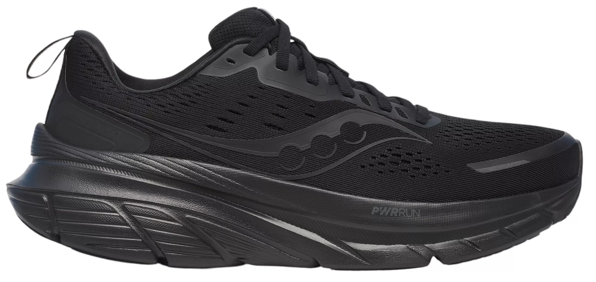 Men's Saucony Guide 18 in triple black, featuring a breathable mesh upper, cushioned sole, and sleek design, size 13.