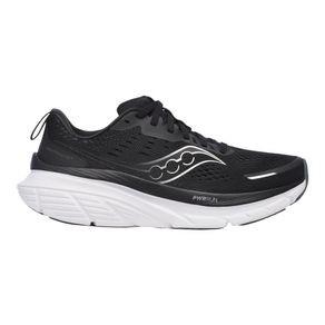 Black Saucony Guide 18 running shoe featuring a breathable mesh upper, cushioned white midsole, and signature Saucony logo on the side.