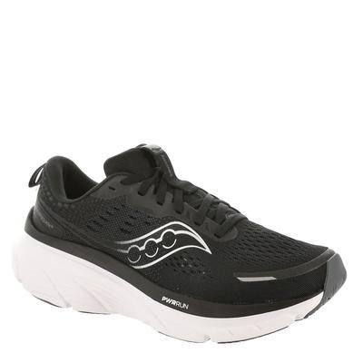 Black and white Saucony Guide 18 women's running shoe featuring a breathable mesh upper, cushioned sole, and signature logo on the side, size 9.5.
