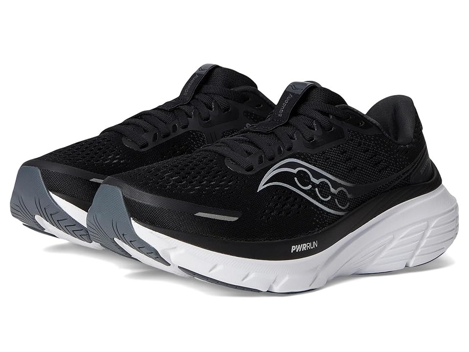 Black and white Saucony Guide 18 women's running shoes featuring a breathable mesh upper, cushioned sole, and a wide fit, designed for comfort and support during runs.