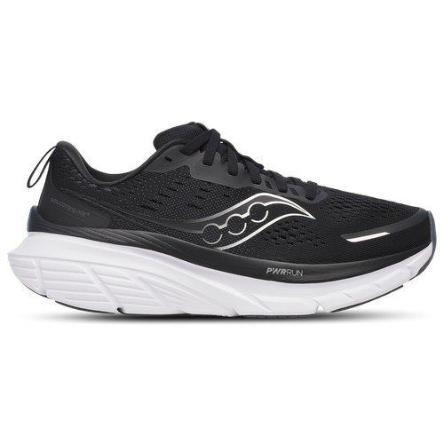 Black Saucony Guide 18 women's running shoes in size 6.5 W, featuring a breathable mesh upper, cushioned PWRRUN midsole, and a sleek white outsole design.