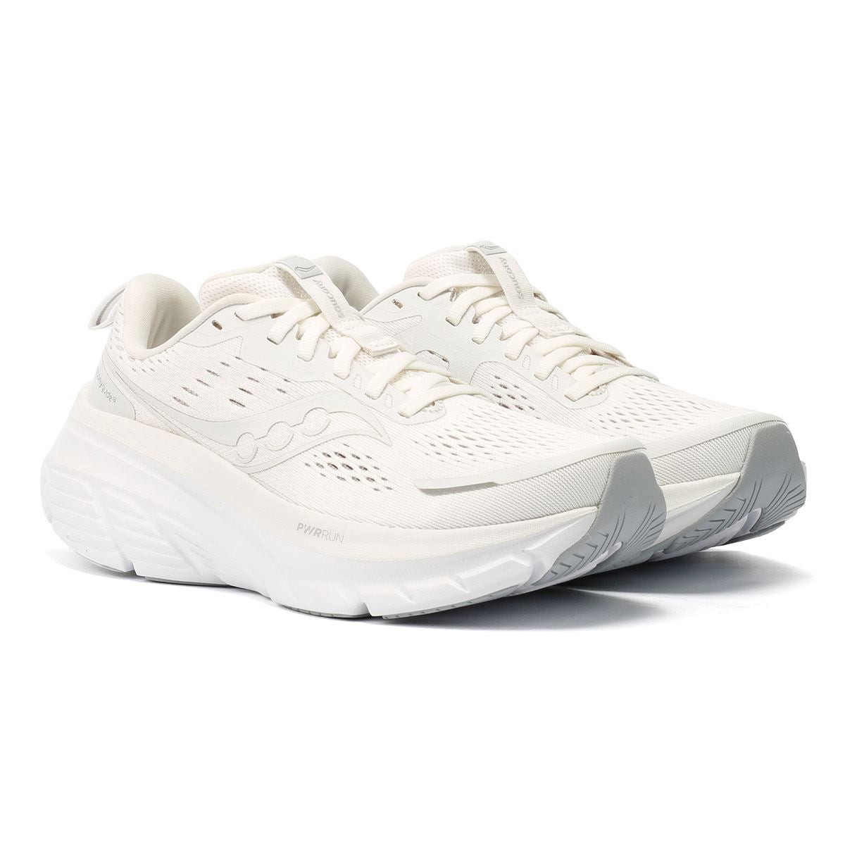 White and ivory women's Saucony Guide 18 running shoes featuring a breathable mesh upper, cushioned sole, and a sleek design for comfort and support.