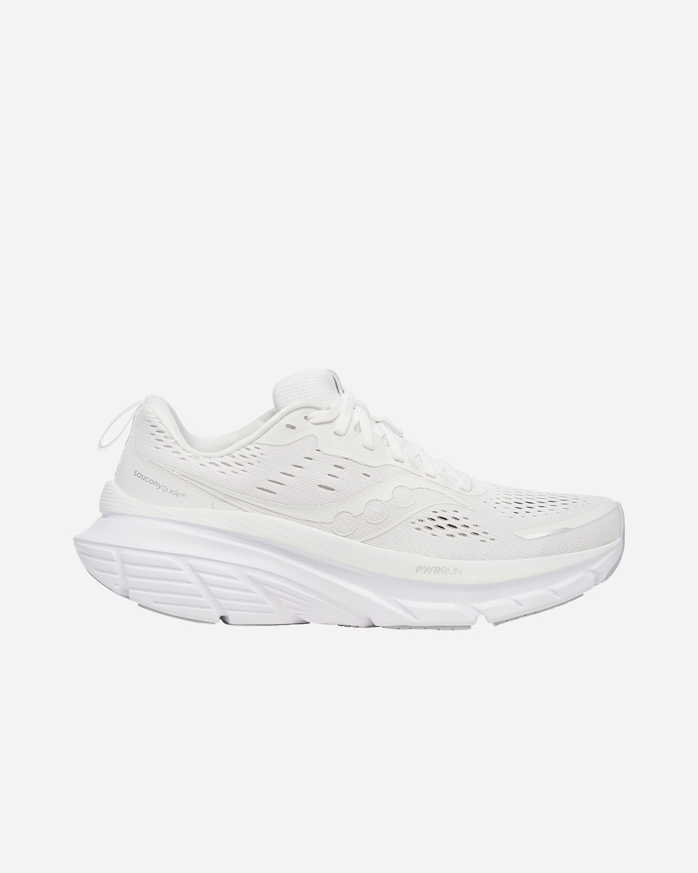 Women's Saucony Guide 18 running shoes in ivory and white, featuring a breathable mesh upper, cushioned sole, and sleek design, size 6.5.