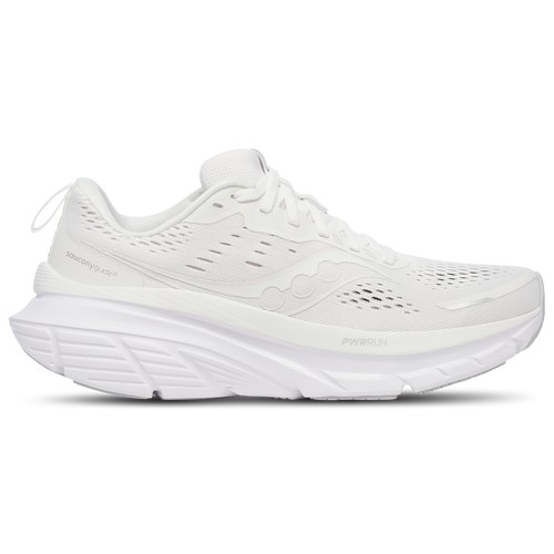 White Saucony Guide 18 women's running shoes featuring a breathable mesh upper, cushioned sole, and a sleek design, size 7.