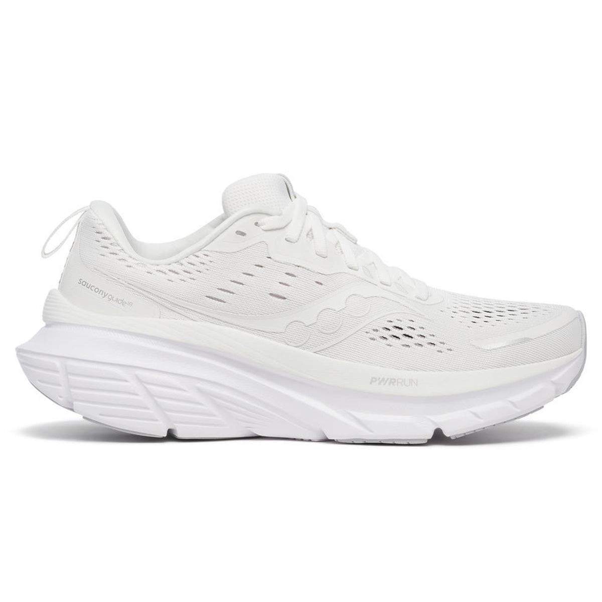 White Saucony Guide 18 women's running shoes featuring a breathable mesh upper, cushioned sole, and a sleek design, size 8.5, ideal for comfort and support.