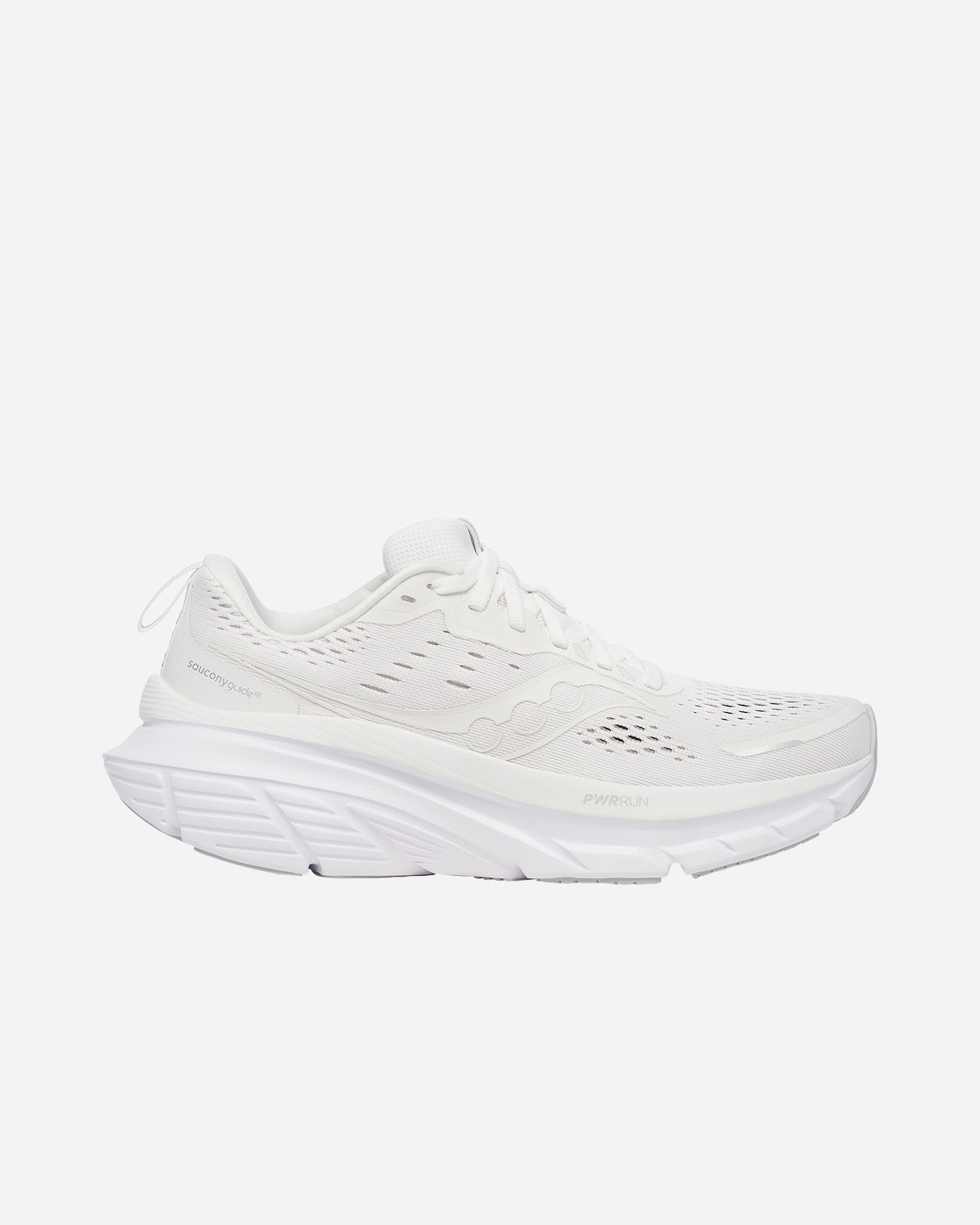 Women's Saucony Guide 18 running shoes in ivory and white, featuring a breathable mesh upper, cushioned sole, and lightweight design, size 8.