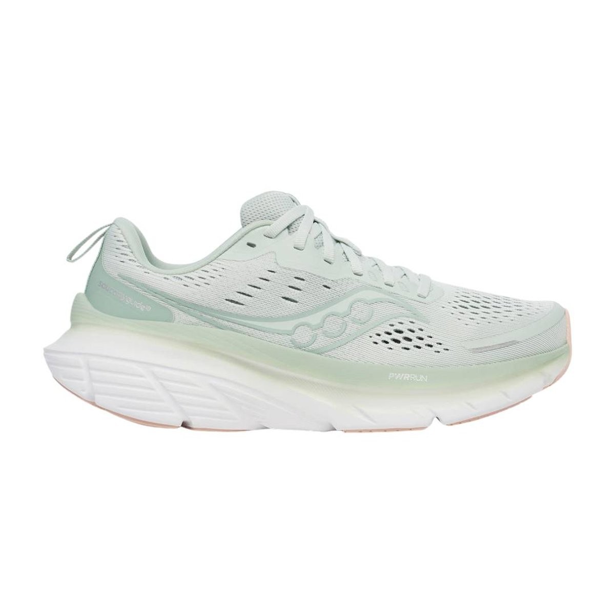 Light green Saucony Guide 18 running shoes for women, featuring a breathable mesh upper, cushioned sole, and a sleek design with a white and pink accent.