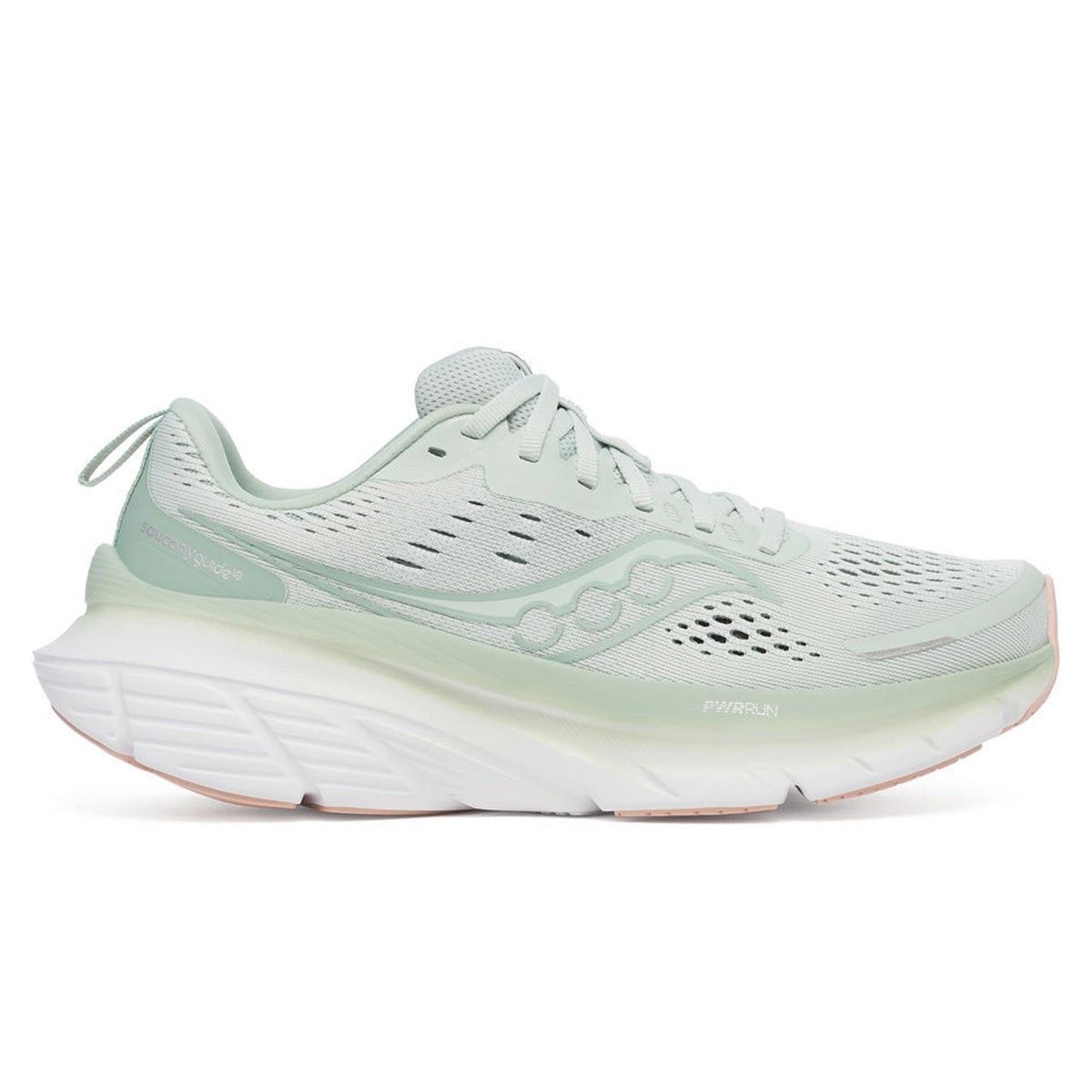 Light green Saucony Guide 18 women's running shoes feature a breathable mesh upper, cushioned sole, and a sleek design with subtle pink accents on the outsole.