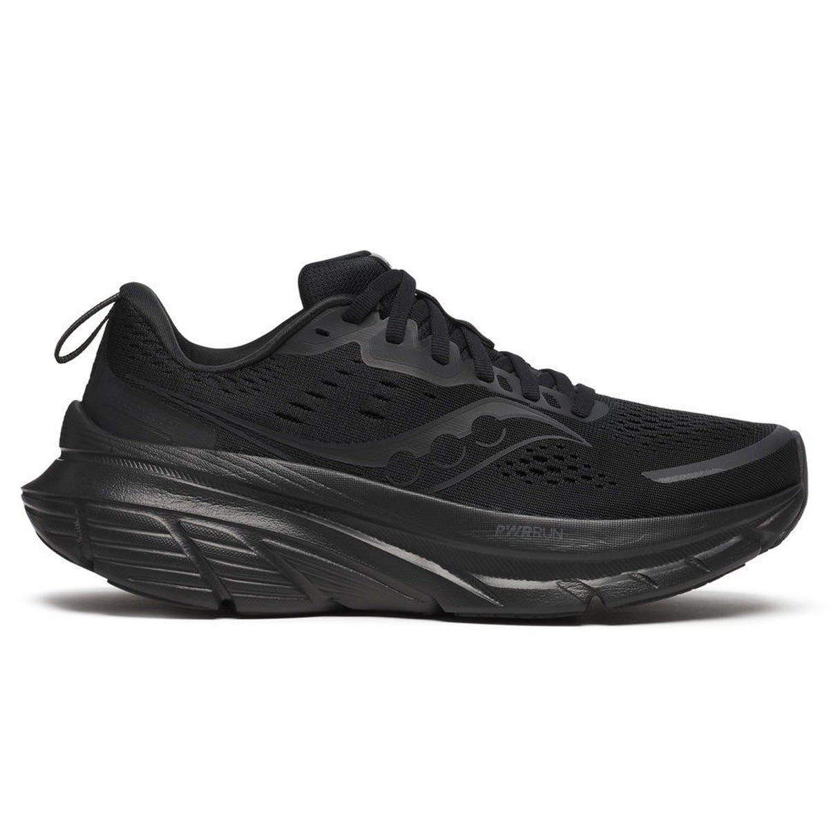 Women's Saucony Guide 18 in triple black features a breathable mesh upper, cushioned midsole, and a sleek, streamlined design, ideal for running and comfort.