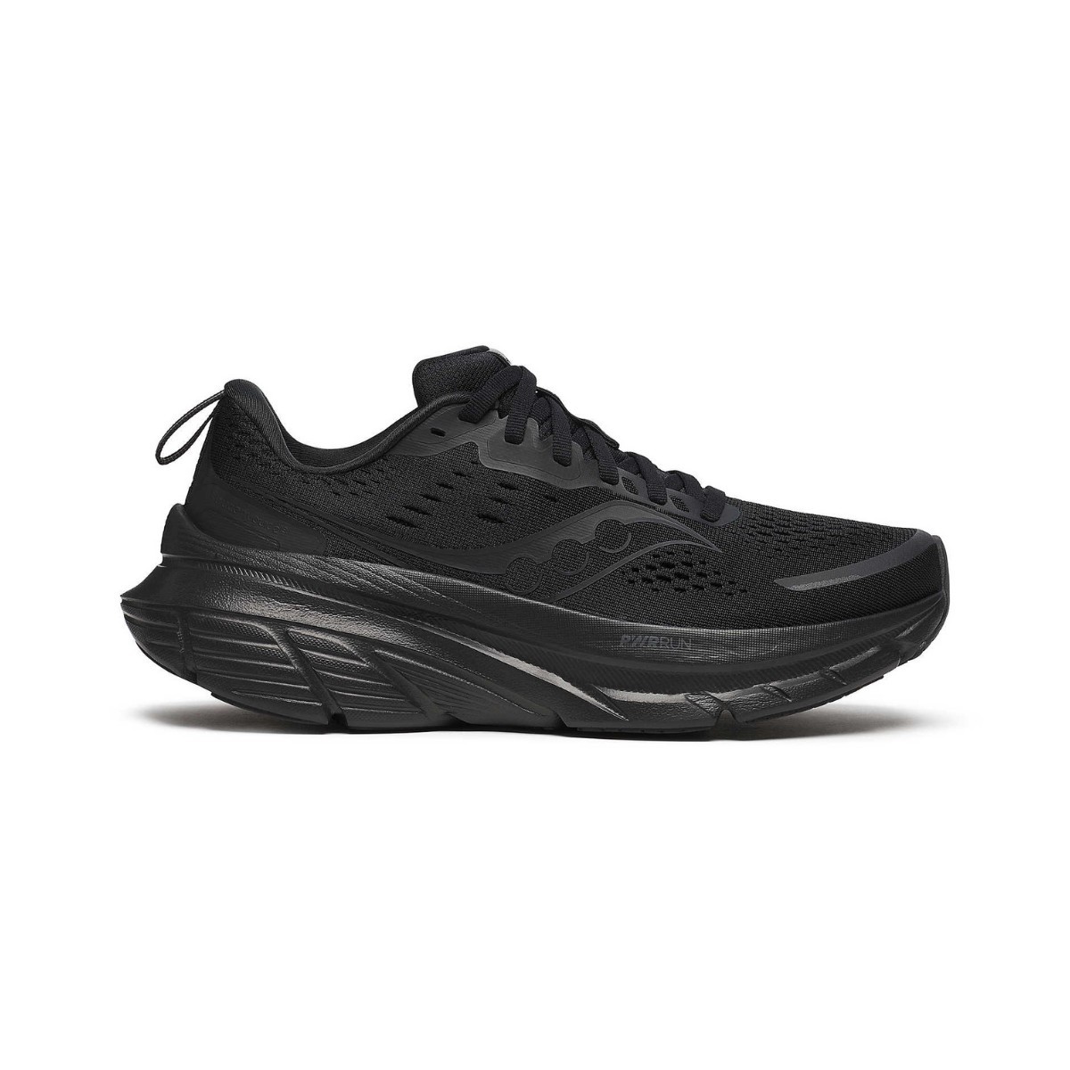 Women's Saucony Guide 18 in triple black, featuring a breathable mesh upper, cushioned sole, and sleek design, size 4.5.