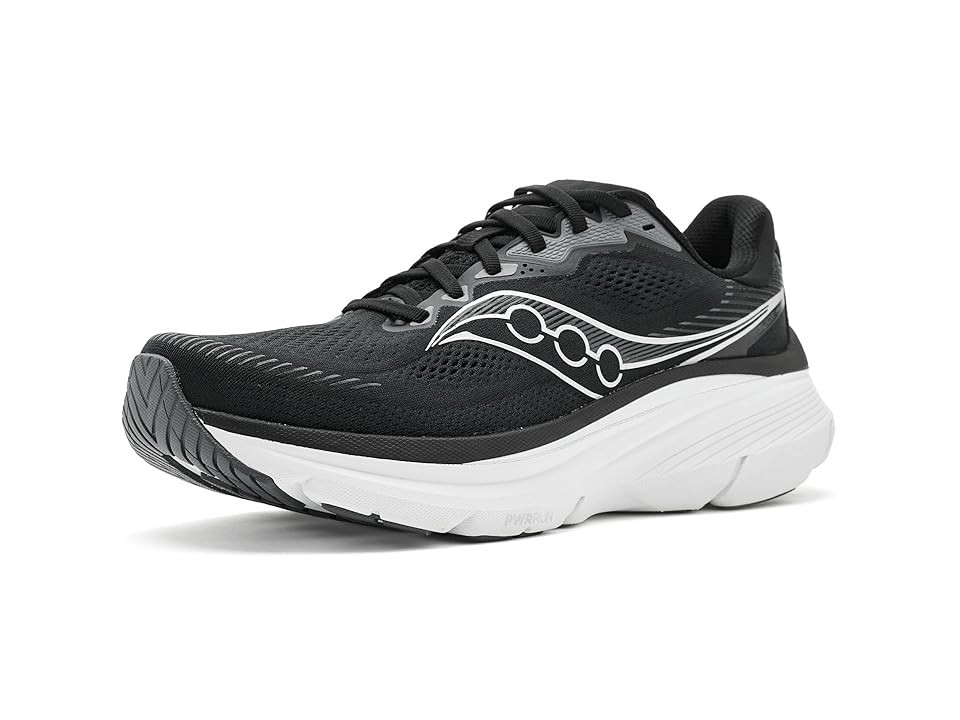Black Saucony Guide 19 men's sneakers feature a mesh and synthetic upper, white accents, a cushioned sole, and a sleek design, sized 6.5.