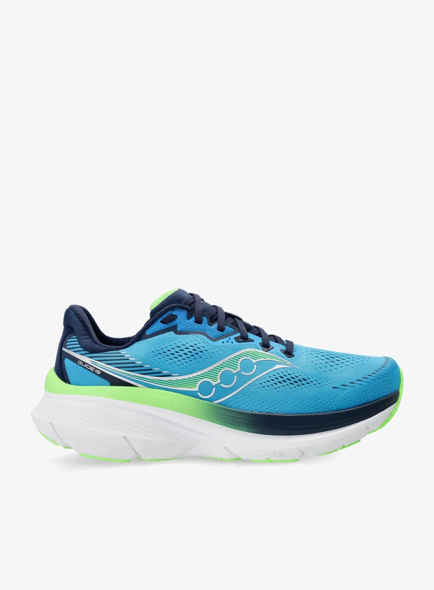 Men's Saucony Guide 19 shoes in cobalt blue and navy, featuring a synthetic upper, breathable mesh, and a cushioned sole with vibrant green accents. Size 11.5 D - Medium.