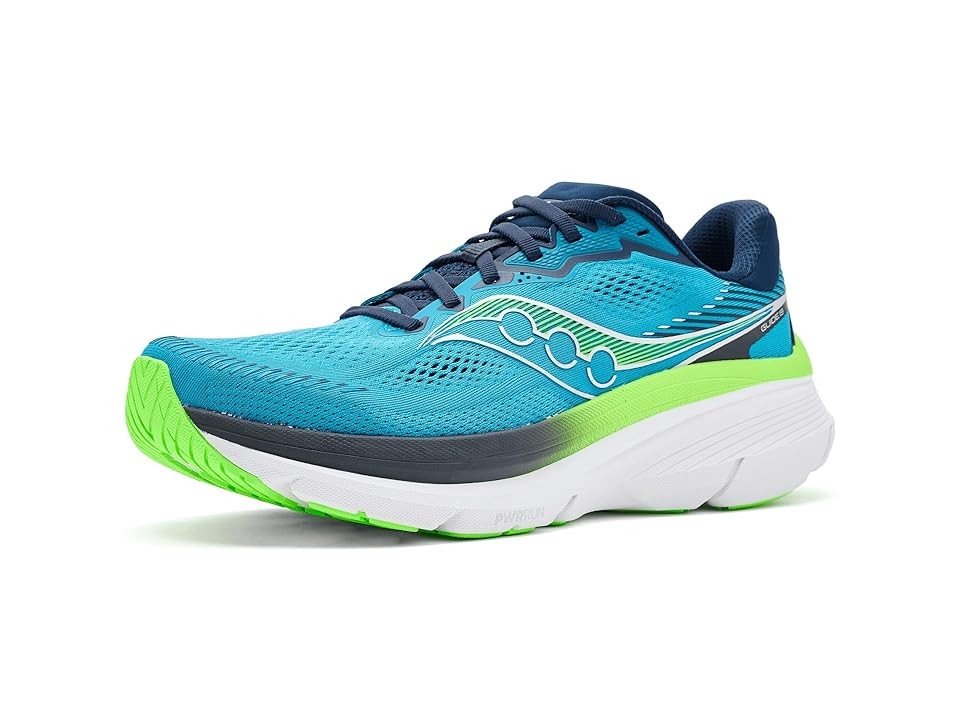 Men's Saucony Guide 19 shoes in cobalt blue and navy, featuring a synthetic upper, breathable mesh, and a vibrant green outsole for enhanced traction and support.