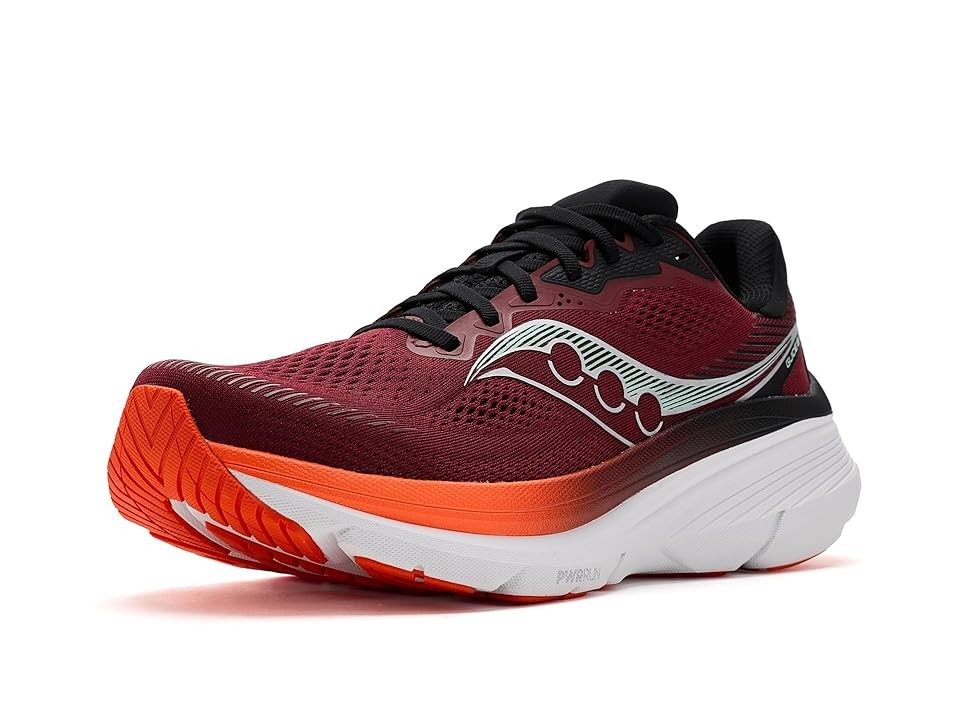 Men's Saucony Guide 19 running shoes in fire red and crimson, featuring a breathable mesh upper, cushioned sole, and distinctive white logo on the side, size 9.0.