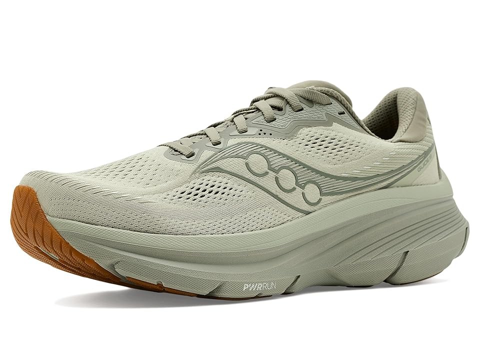 Men's Saucony Guide 19 shoes in sage green with a gum rubber outsole, featuring a breathable synthetic upper and cushioned midsole for comfort and support.