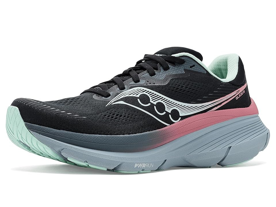 Black and calm Saucony Guide 19 women's running shoes feature a textile upper, cushioned midsole in pink and grey, and a mint green outsole, size 7.5 B - Medium.