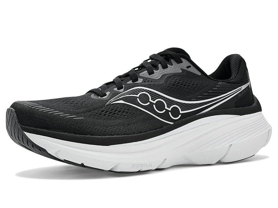 Black Saucony Guide 19 running shoe for women, size 7.5 W, featuring a sleek design with white accents, breathable mesh upper, and cushioned sole for comfort and support.