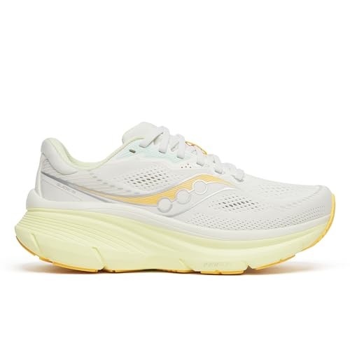 Saucony Women's Guide 19 sneaker in ivory and tender yellow, featuring a lightweight mesh upper, cushioned sole, and signature logo detailing on the side.
