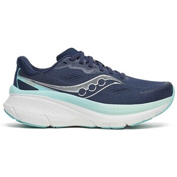 Navy blue running shoes with a breathable mesh upper, featuring a white and mint green sole, and a sleek design with Saucony branding on the side.